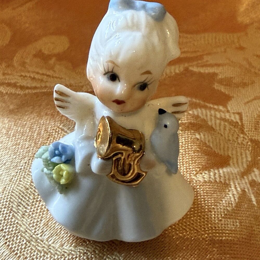 Vintage Angel With Horn Napco Bisque 2.25 Inch Miniature Figurine